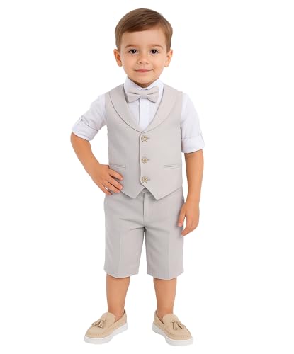 Image of Baby Boys Vest Suit Cotton Linen 4 Piece Formal Wedding Birthday Set