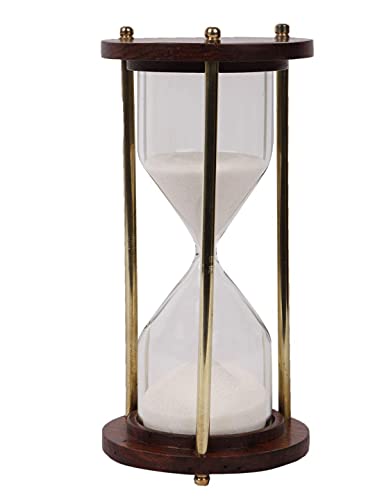 Image of Wooden and Brass Multi Color Sand Timer Hour Glass Sandglass Clock Ideal for Exercise Tea Making Antique Nautical Decor Theme Height 5.5 Inches 5 Minutes (White)