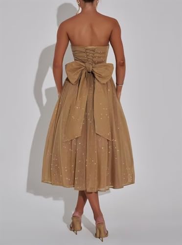 Sparkly Strapless Prom Dress for Women 2025 Tea Length Summer Tulle Dress with Bow Midi Evening Gowns4