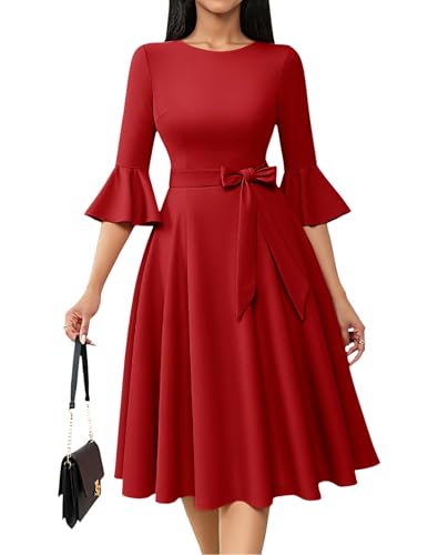 Plus Size Vintage Midi Modest Dress for Women Work Dresses for Office Professional Long Sleeve Dress for Women Tea Length Dresses Red 3XL