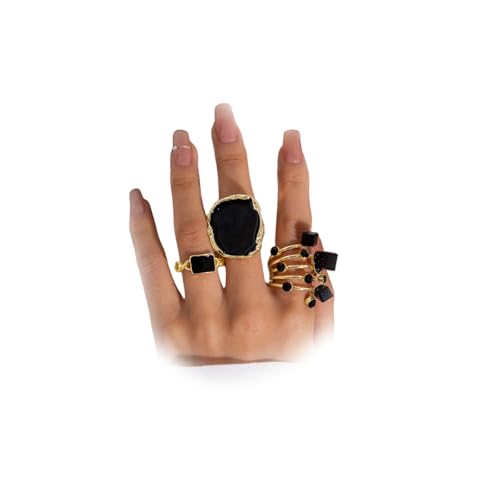Chunky Gold Black Statement Rings Set for Women Vintage Large Cocktail Enamel Open Ring Exaggerated Dripping Oil Finger Jewelry Darkness Stacked Gifts