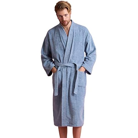 Soft Touch Linen Men's Robe, Turkish Terry Bathrobe, Turkish Terry Kimono Spa Bathrobe (Small, Light Blue-Custom) Cover