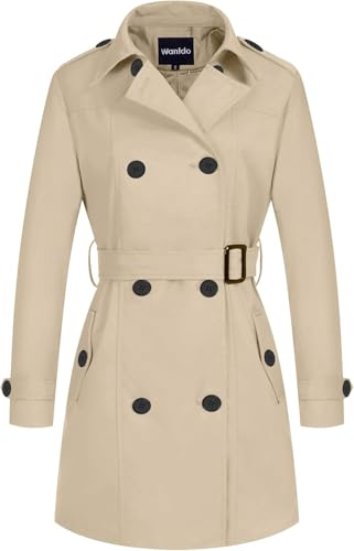Wantdo Gabardina de Doble Botonadura Clásico para Mujer con Cinturón Trench Abrigo con Cierre de Botones Antiviento Chaqueta con Agente Impermeable Silm Fit Solapa Caqui 40