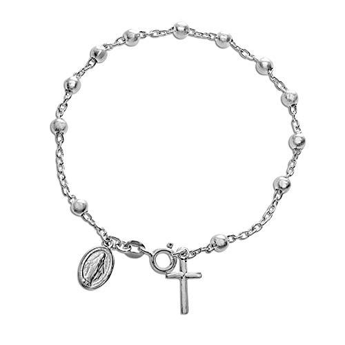 Sterling Silver Religious Miraculous Medal and Cross Charm 7 Inch 4mm Bead Chain Bracelet for Women