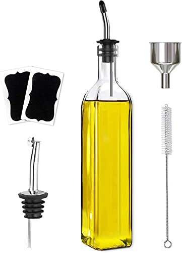 Leaflai Olive Oil Dispenser Bottle, 1 Pcs Glass Olive Oil Dispenser and Vinegar Dispenser Set with 2 Stainless Steel Pourers, 2 Labels,1 Brush and 1 Funnel Oil Bottles for Kitchen (500ml)