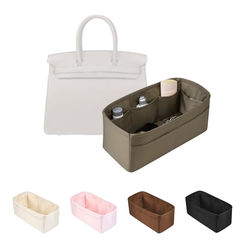 Purse Organizer Insert for Birkin 25, Lightweight & Soft Satin Organizer Insert with Pockets for Woman Bags, Ideal for Travel, Shopping, and Daily Use, Multicolor Options(Etoupe grey, BK25 Retourné)