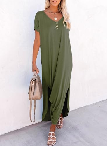 Image of Dokotoo Womens Casual Maxi Dress Summer Dresses Swimsuit Coverups for Women Long T Shirt Dresses Short Sleeve Vneck Sundress Plus Size Jungle Green Dress XL