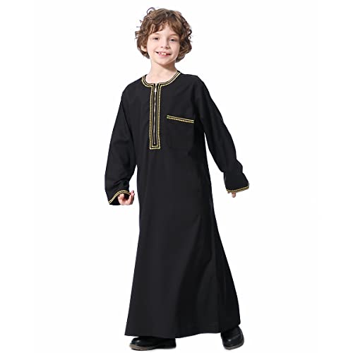 Image of OBEEII Boy's Muslim Arab Solid Color Thobe Long Sleeve Kaftan Embroidered Robe Islamic Arabic Abaya Thobe