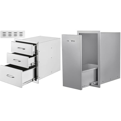 VEVOR Triple Access 18''W x 23''D Stainless Steel Outdoor Kitchen Drawers with 13.6''W x 26''H Trash Bin Pull Out Tray
