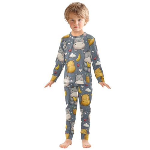 Pajama Sets Long Sleeve Cute Hippo Fruit Pattern Soft Comfy Sleepwear 2 Piece PJS 3-8T2