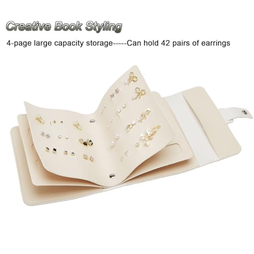 Image of LAKE OF FIRE Earring Book Organizer With Foldable Book Design, Portable PU Leather Travel Earring Case (Beige)