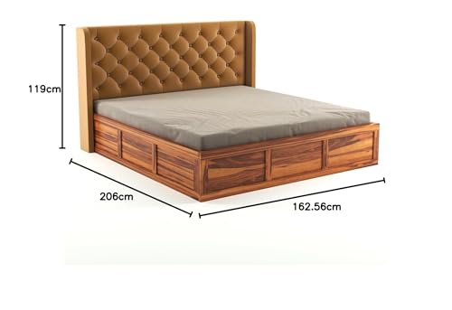 Image of Solid Sheesham Wood Queen Size Bed with Storage | Wooden Double Bed Cot Bed with Box Storage & Velvet Upholstered Cushioned Headboard for Bedroom (Honey B, Queen)