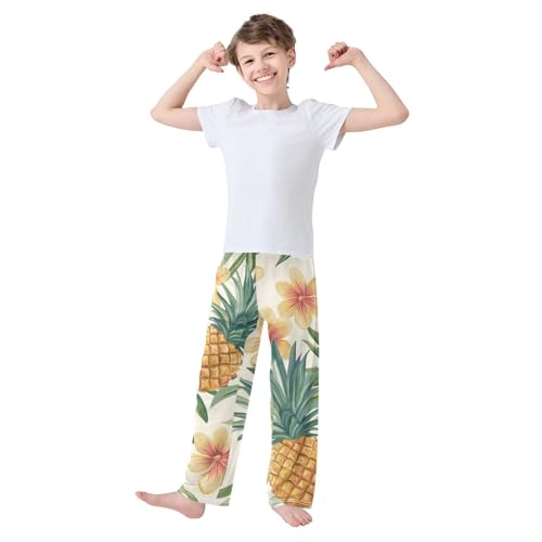 Pineapple Aloha Flowers Boys Long Pants Soft Trousers Elastic Waist Kids Lounge Bottoms with Pockets S-XL3
