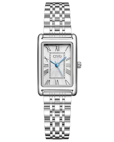 CIVO Ladies Watches for Women Silver: Analog Rectangle Face Waterproof Classic Stainless Steel Senior Wrist Watch Fashion Elegant