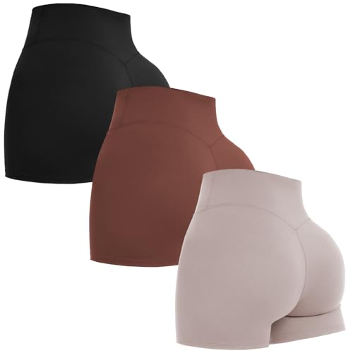 3 Pack Womens No Front Seam High Waist Biker Shorts Gym Volleyball Spandex Booty Shorts for Workout Yoga Dance Black/Grey/Brown-M