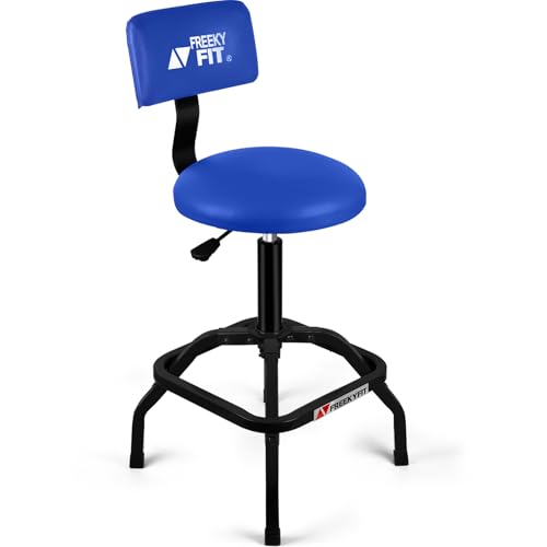 FreekyFit Shop Stool with Backrest, Mechanic Garage Stool for Workshop, Adjustable Shop Stools Chair, Padded Workbench Stools for Men Women, 300 LBS Capacity, 360° Swivel PVC Seat, Heavy Duty, Blue