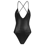 Hansber Women's Sexy One Piece Halter Tops Deep V-Neck Faux Leather Leotard Shiny Wetlook Sleeveless Bodysuit Black Medium