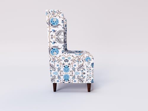Image of WELL KNOWN Wooden Wing Chair with Ottoman | Wingback Chair for Living Room | Home Decor Furniture (White with Blue Print)