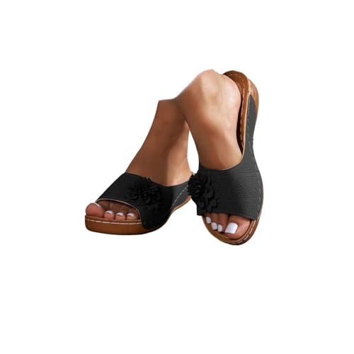 Flower Sandals,Floral Wedge Sandals for Women,Open Toe Leather Slippers Wedge Platform Sandal Slip On Beach Walking Sandals,Sandalias Ortopédicas para Mujer