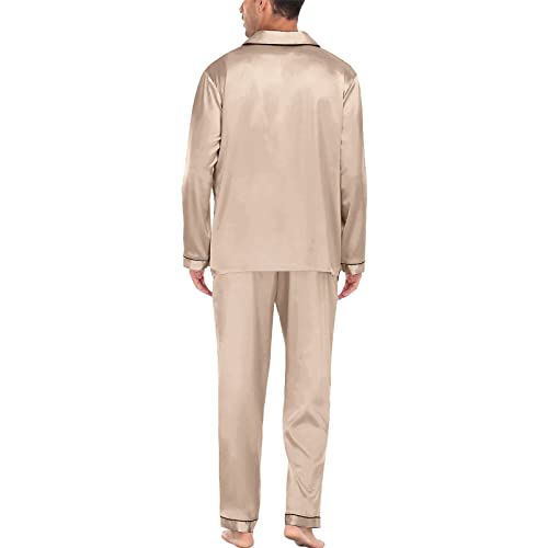 Mens Pajama Set Silk Satin Long Sleeve Classic Sleepwear Button Down Silk Loungewear With Long Pants With Pocket3