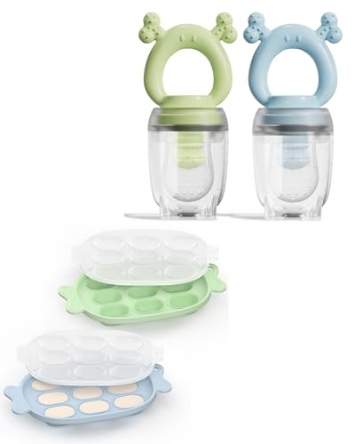 Image of HEOMOONE Baby Food Freezer Tray with Lid 2 Pack + 2 Pack Silicone Baby Fruit Feeder (Bundle)