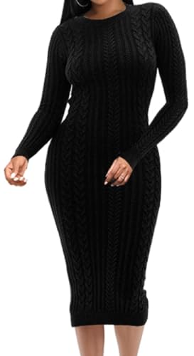 Image of Oxgmoky Women's Church Long Sleeve Sweater Dress Ribbed Bodycon Midi Work