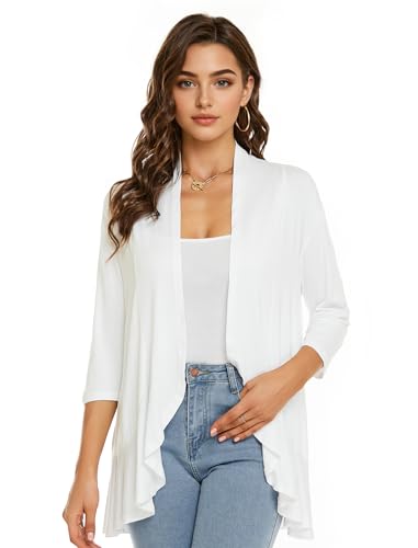 Image of YnimioAOX Women's Cardigan Lightweight Open Front 3 /4 Sleeves Draped Ruffles Knit Cardigan Sweaters
