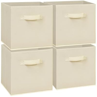 11x11 Storage Bins, Set of 4 Storage Cubes, Collapsible Cube Storage Box, Fabric Closet Organizers with Handles for Home, Office, Closet Shelf Cabinet, Bookcase, Beige