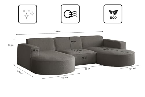 Kaiser Möbel - Ecksofa mit Wohnlandschaft, Eckcouch U Form, Sofa 3-sitzer, Polstersofa, Bigsofa, Bequemes Couch mit Ottomanen für Wohnzimmer, Relaxsofa, Weiches Stoff, U-Ecke, Modena Studio, Graphit – Bild 3