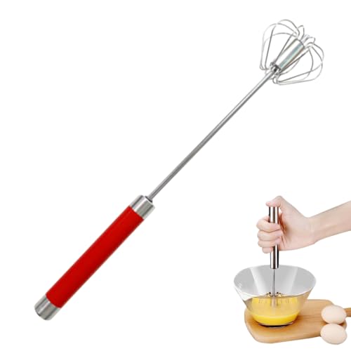 Stainless Steel Semi Automatic Whisk - 12 Inch Easy Whisk Rotating Hand Egg Beater for Milk Frother, Dough, Cream, Matcha, Hand Push Kitchen Mixer for Blending, Whisking, Beating & Stirring (Red)