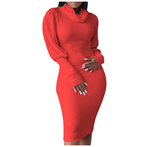VEMOW Vestido Lápiz Cuello Alto Vestido Bodycon hasta la Rodilla Manga Larga Elástico Wrap Vestido Ajustado Básico Hip-Hugging Vestido de Noche Informal Vestidos de Casuale Fiesta(Rojo,L)
