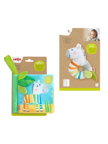 HABA Zebra Bundle: Greifling Rassel & Stoffbuch für Babys ab 6 Monaten – Pädagogisches Motorikspielzeug, Fühlbuch mit Knisterfolie – Perfektes Geschenk zur Geburt & Taufe