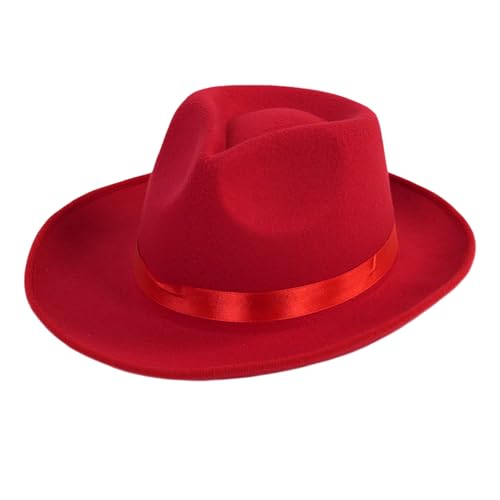 Chapeau Fedora à large bord et ruban de satin en feutre Panama pour homme et femme, rouge, M