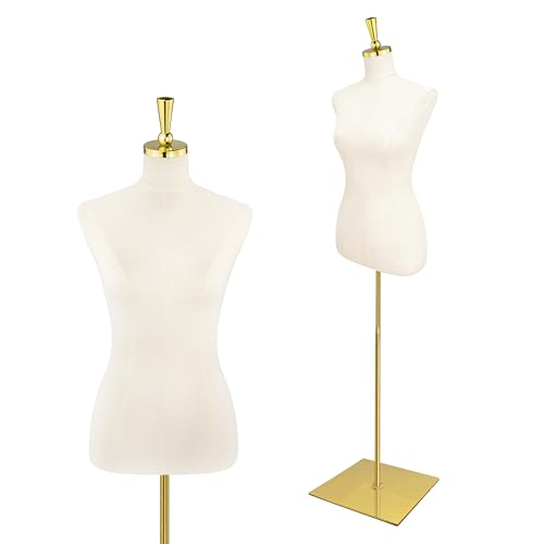 Adjustable Beige Woman's Dress Form with Gold Stand