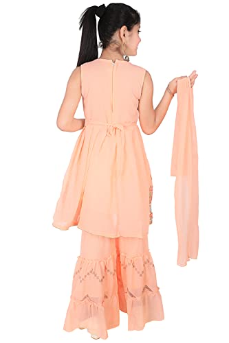 Image of Girl's Ethnic Wear Sleeveless Embellished Straight Georgette Net Full Length Kurti Sharara Set with duppta for Girls(SHRA011-$)