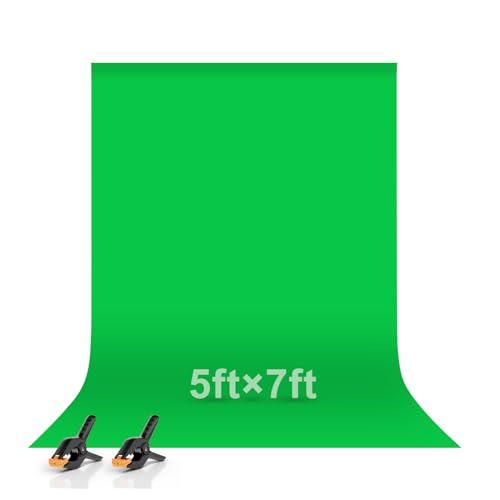 EMART 1,5x2m Greenscreen Grüner Hintergrund Polyester Grüne Chromakey Green Screen Faltbar mit 2 Federzwingen für Fotografie, Zoom, Interviews,...