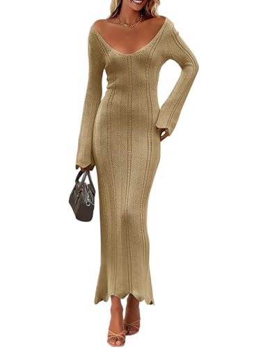Saodimallsu Womens Crochet Maxi Dress Bell Long Sleeve Sexy V Neck Bodycon Backless Knit Dresses Beach Swim Cover Up Khaki