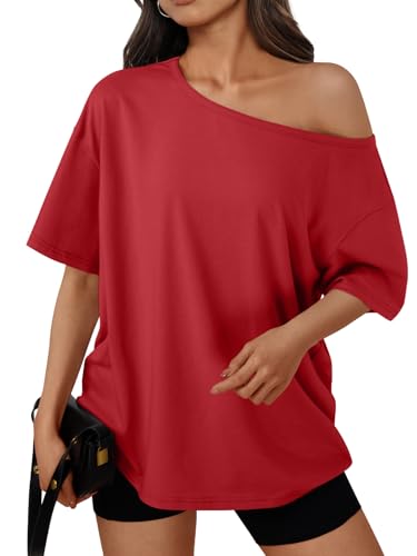 Trendy Queen Womens Off The Shoulder Tops Oversized T-Shirts Short Sleeve Tees Summer 2026 Casual Spring Clothes Workout Gym Y2k Cute Going Out Plus Size Fashion Clothing Red 2XL