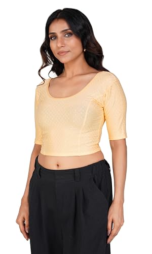 Image of Fressia Fabrics Pure Cotton 4-Way Stretch Readymade Blouse for Women | Free Size to 4XL Stretchable Round Neck Dobby Cotton Half Sleeve Readymade Saree Blouse for Women Stylish