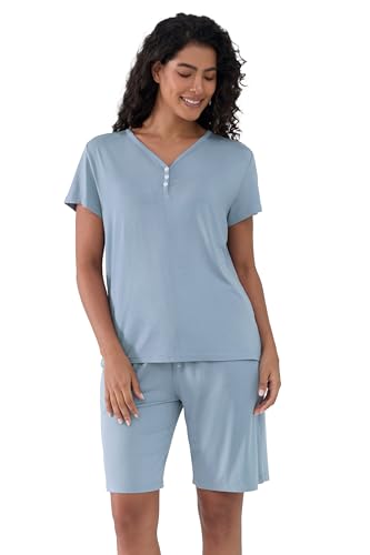 Image of Joyaria Cooling Pajamas Bamboo Viscose PJs Bermuda Shorts Set Women Henley Neck Summer Moisture Wicking Sleepwear