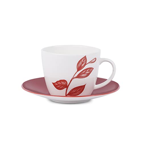 Image of Dandy Lines Royal Cups and Saucers Red Leaves Paradise, Cup and Saucer, Ceramic, Pack of 6, Microwave & Dishwasher Safe, Great for Hosting & Gifting