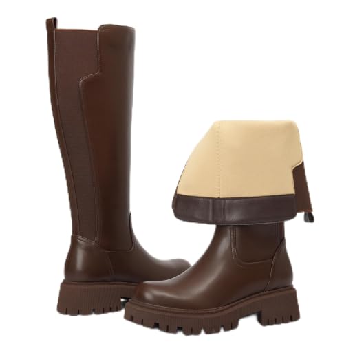 Image of TEAIEUI Womens Low Block Heel Platform Stretch Knee High Boots, Side Zipper | Comfortable Tall Boots, Stretch Calf, Round Toe, 1.81 inch Heel, Faux Leather, for Fall, Winter, Going out, Dress, Festival