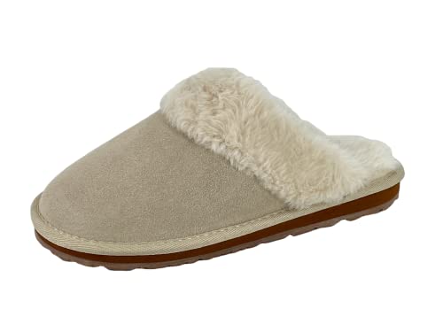 Clarks Womens Open Back Suede Leather Comfort Clog Slipper JMS0583C - Plush Faux Fur Trim - Indoor Outdoor House Slippers For Women
