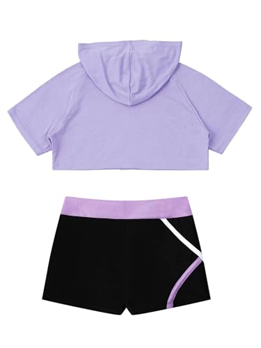 Sport Workout Dance Outfits For Kids Girls Short Sleeve Hooded Crop Top Tees And Color Block Shorts Set Activewear A Lavender 6 Years4