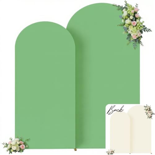 Image of Beige and Sage Green Arch Backdrop Cover Set of 2-7.2 and 6ft Spandex Wedding Arch Covers Stretchy Backdrop for Baby Shower Bridal Shower Birthday Party Photo Balloon Arch Stand Cover