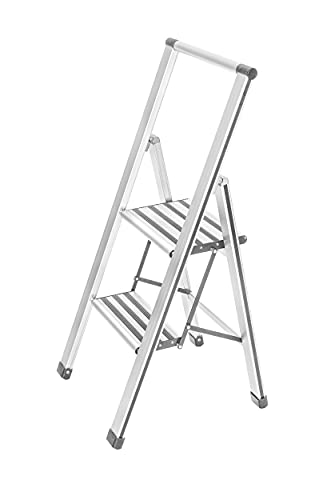 WENKO Leichte Aluminium Trittleiter mit 2 Stufen für 50 cm höheren Stand, rutschsichere XXL-Stufen, Design Klapptrittleiter, TÜV Süd Zertifiziert, 44 x 101 x 5,5 cm, Weiß