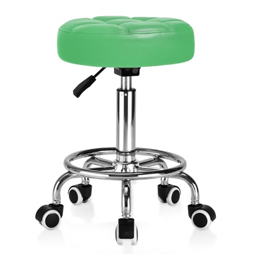 Image of Rolling Stool PU Leather Round - Ultra Soft Padded Seat Cushion Stool with Wheels with Footrest, Weight Capacity 300lb,Adjustable Height Stool for Tattoo Massage Salon Medical Spa Center (Green)