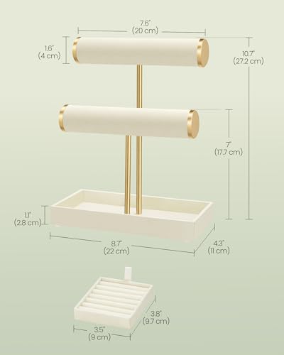 Image of SONGMICS Bracelet Holder Stand, Jewelry Display Stand, Jewelry Organizer, with 2 Tiers and Velvet Tray, Removable Ring Holder, Cream White and Pale Gold UJJS039W101