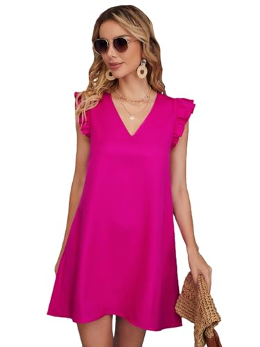 Floerns Women's Solid V Neck Ruffle Trim Cap Sleeve Summer Tunic Dress