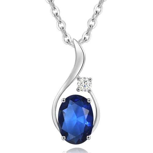 FANCIME 14K Solid White Gold Oval Gemstone Necklace with Diamond Pendant Gifts for Mom Women,16